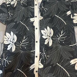 Black/Green and White Leaf Print Button-Up Shirt